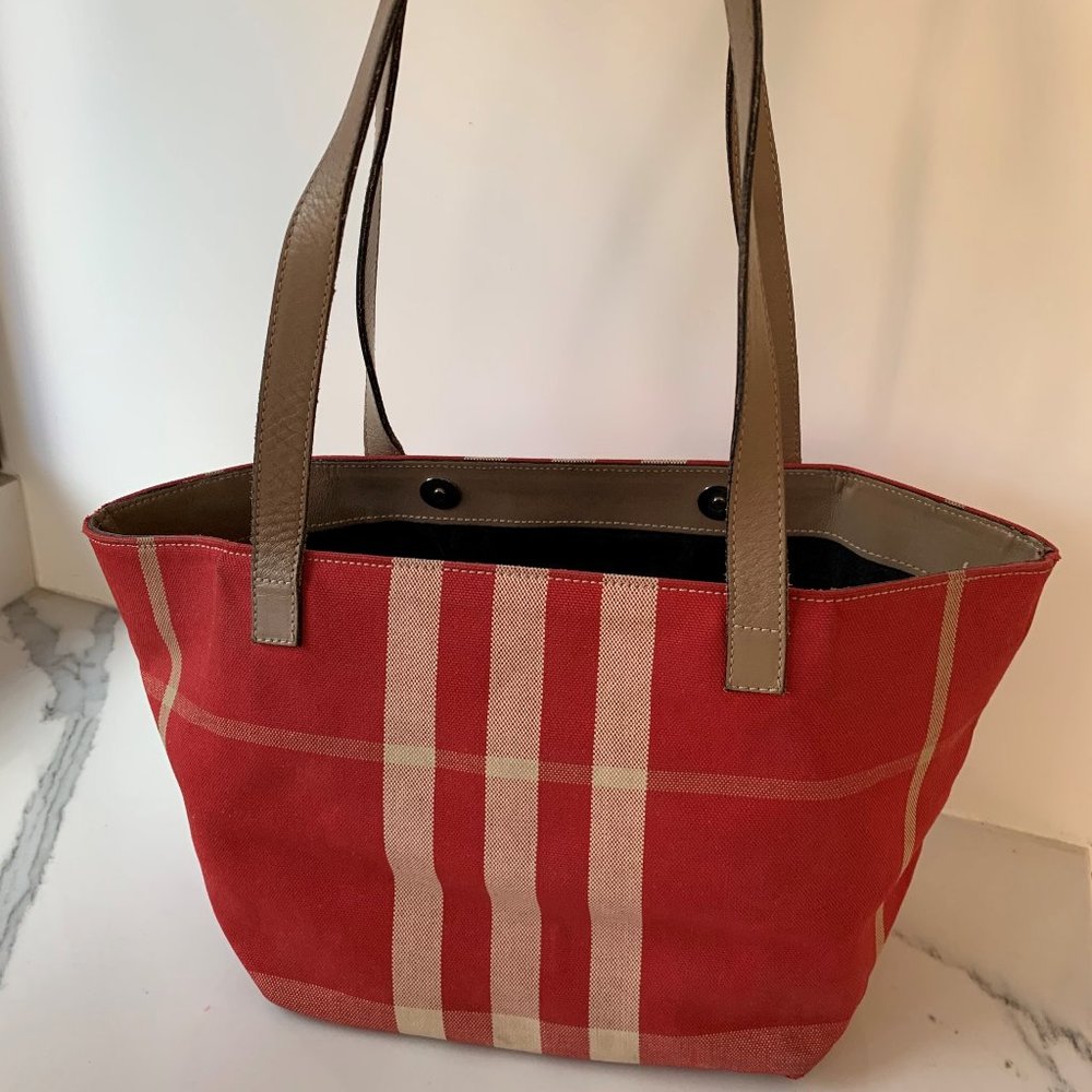 Burberry Red and Beige Striped Canvas Tote with Taupe Leather Straps